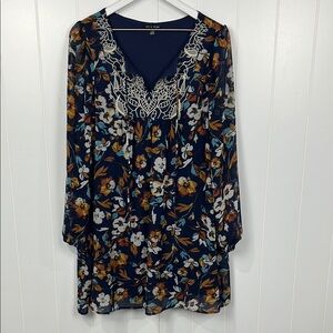 As U Wish Womens Mini Dress L Navy Cream Floral Print Lined Long Sheer Sleeves